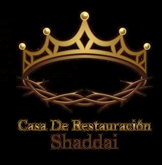 Gold crown logo for Casa De Restauracion Shaddai with thorns beneath, on black background